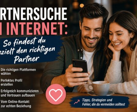 Paar nutzt Smartphone für Partnersuche im Internet und schaut gemeinsam auf Dating App