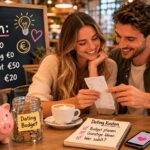 Paar im Café beim ersten Date mit Übersicht zu Dating Kosten und Budget Planung