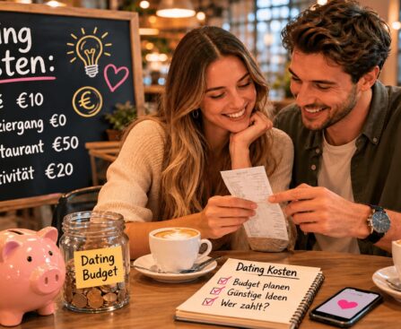 Paar im Café beim ersten Date mit Übersicht zu Dating Kosten und Budget Planung