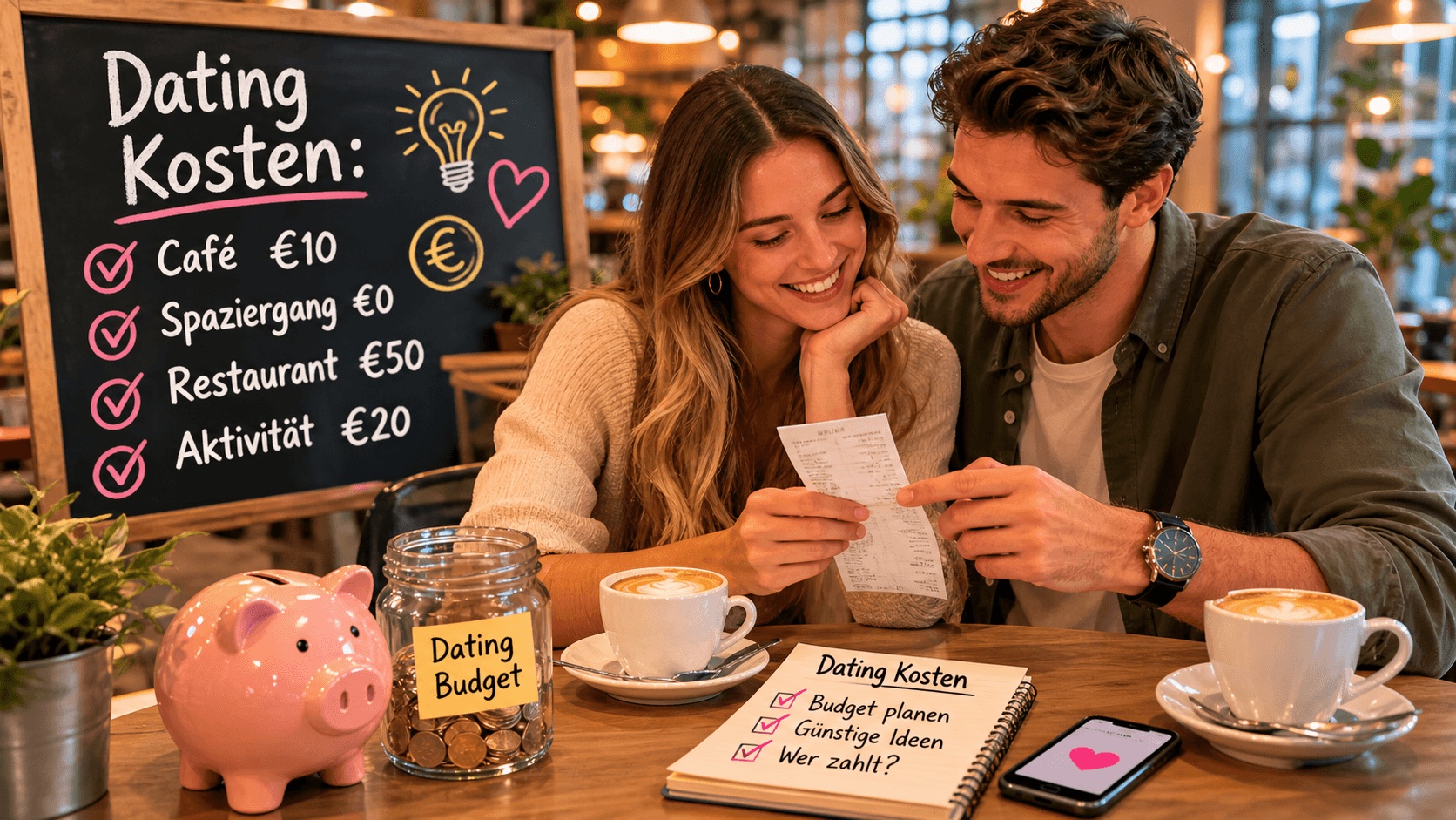 Paar im Café beim ersten Date mit Übersicht zu Dating Kosten und Budget Planung