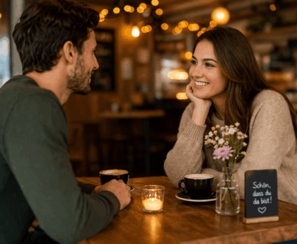 Paar beim ersten Date in einem Café mit entspannter Atmosphäre und Gespräch