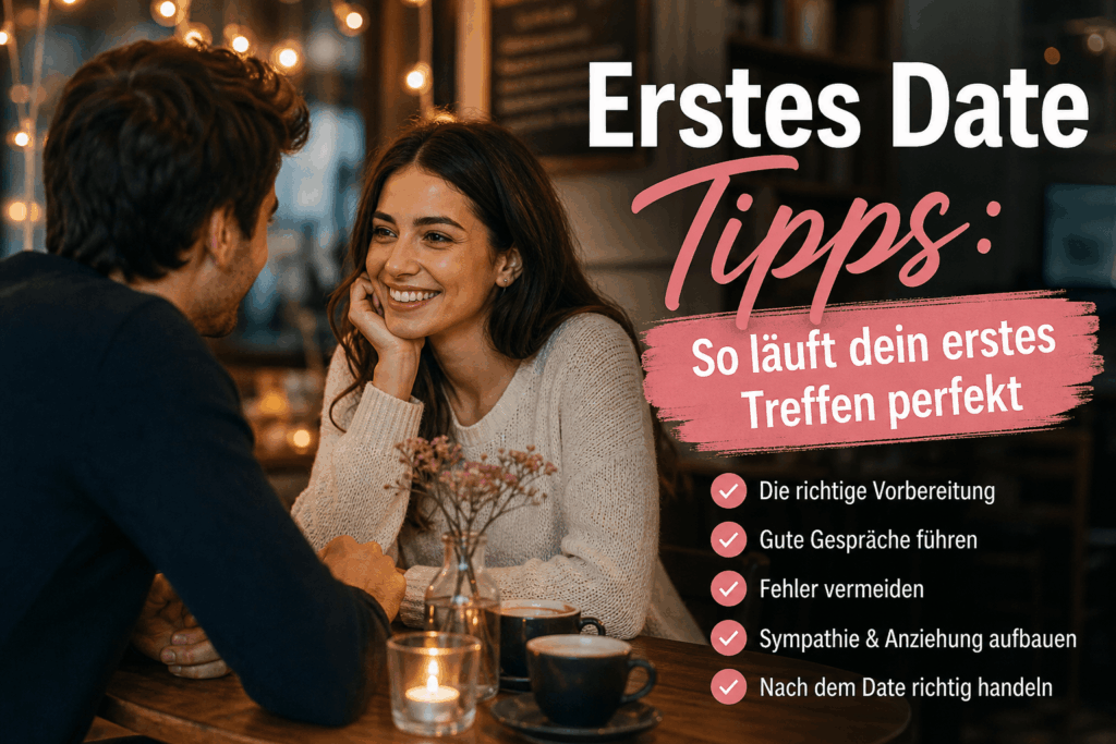 Erstes Date Tipps Bild mit Paar im Café und Hinweisen zu Vorbereitung, Gespräch und Verhalten beim ersten Treffen