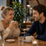 Paar beim ersten Date im Café im Gespräch mit entspannter und lockerer Atmosphäre