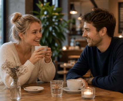 Paar beim ersten Date im Café im Gespräch mit entspannter und lockerer Atmosphäre