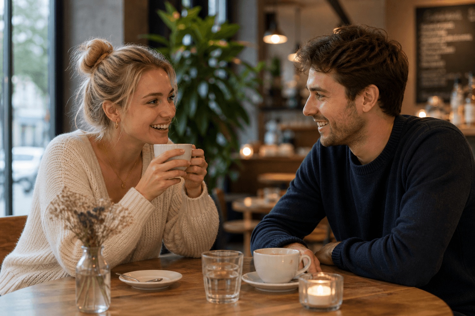 Paar beim ersten Date im Café im Gespräch mit entspannter und lockerer Atmosphäre