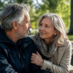 Älteres Paar mit Blickkontakt und leichter Berührung im Park als Beispiel für Körpersprache beim Flirten