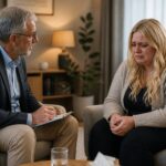 Psychotherapeut im Gespräch mit verunsicherter Frau über Dating Probleme und emotionale Muster