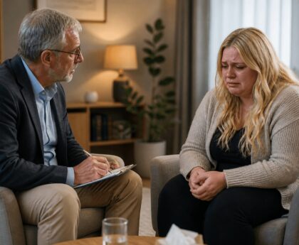 Psychotherapeut im Gespräch mit verunsicherter Frau über Dating Probleme und emotionale Muster