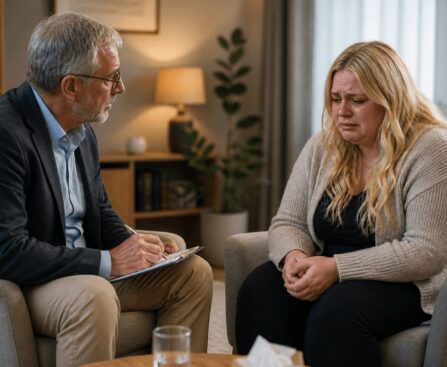 Psychotherapeut im Gespräch mit verunsicherter Frau über Dating Probleme und emotionale Muster