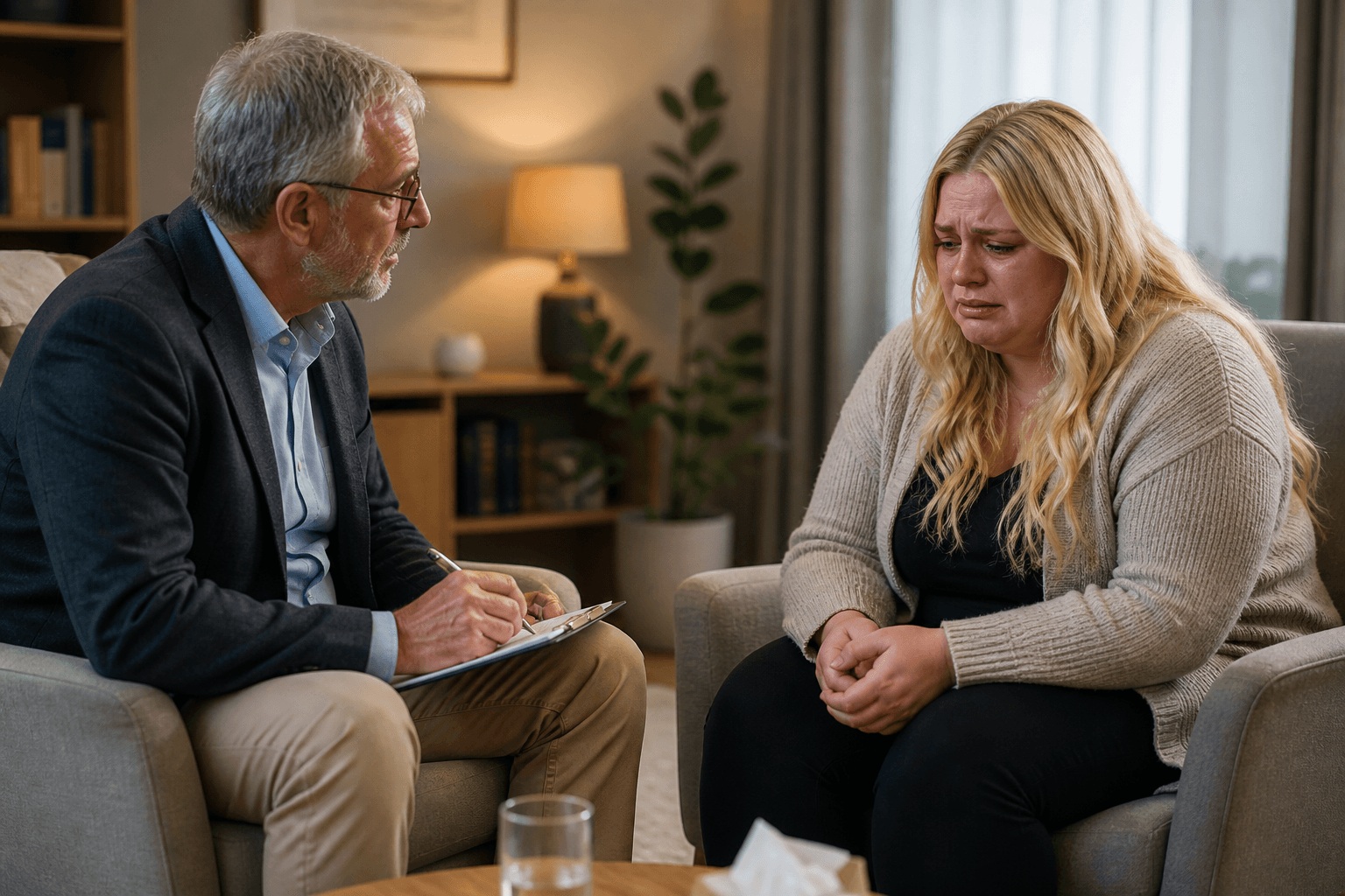 Psychotherapeut im Gespräch mit verunsicherter Frau über Dating Probleme und emotionale Muster