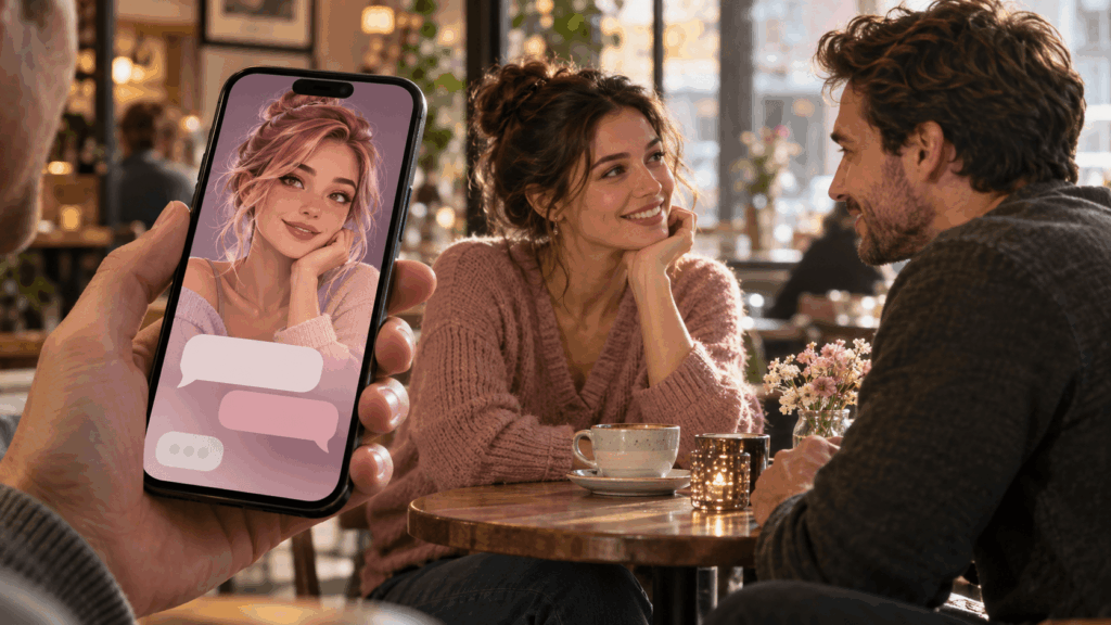 Smartphone mit einer KI-Freundin als Avatar, dahinter ein Paar beim Gespräch im Café