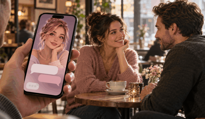 Smartphone mit einer KI-Freundin als Avatar, dahinter ein Paar beim Gespräch im Café